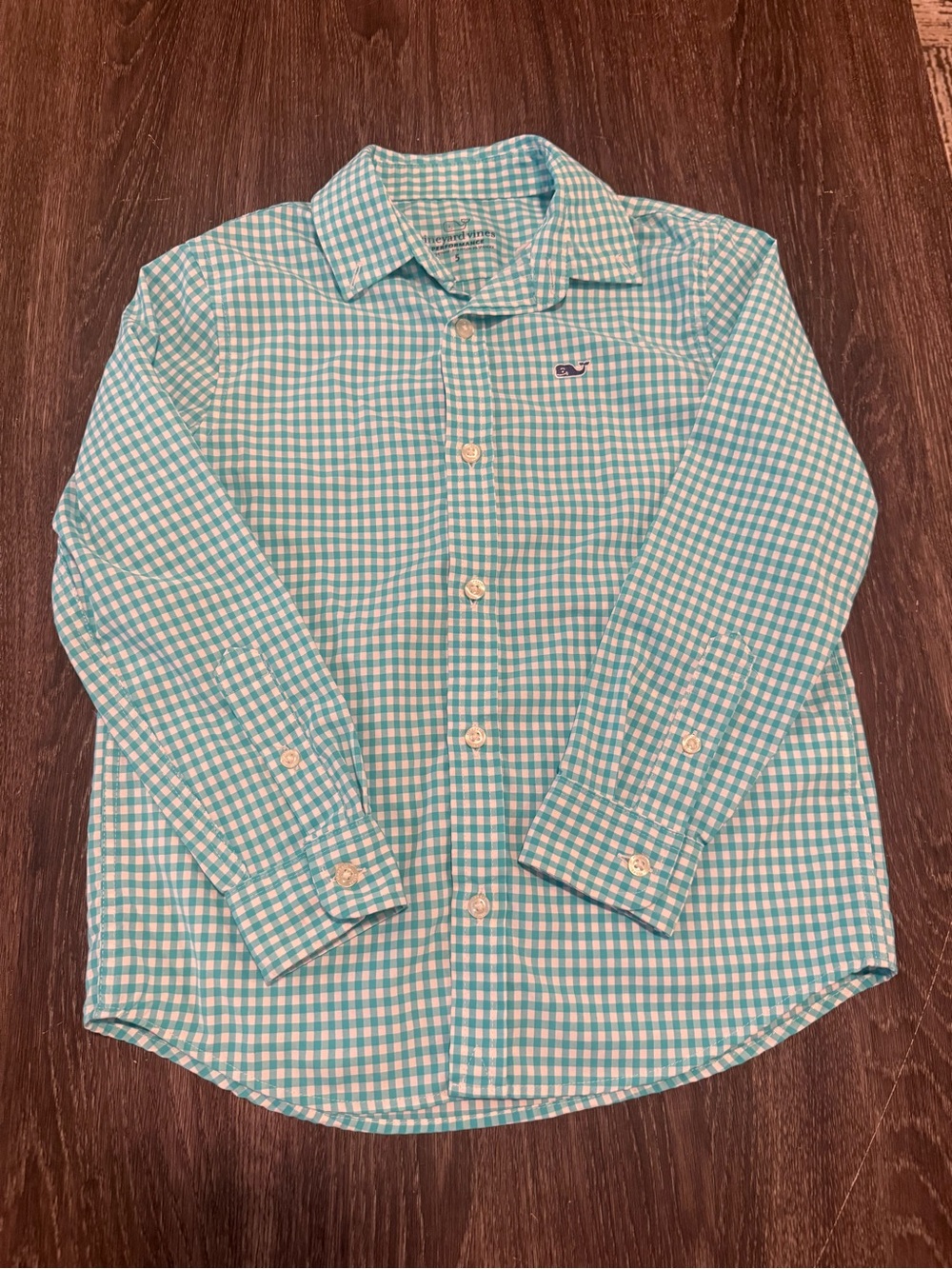 Boys 5T Vineyard Vines Teal and White Gingham Performance Button-Down!